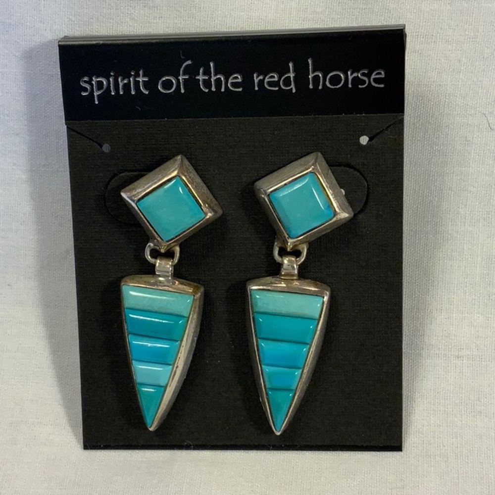 Turquoise Inlaid Sterling Silver Drop Pierced Earrings - Spirit of the Red Horse